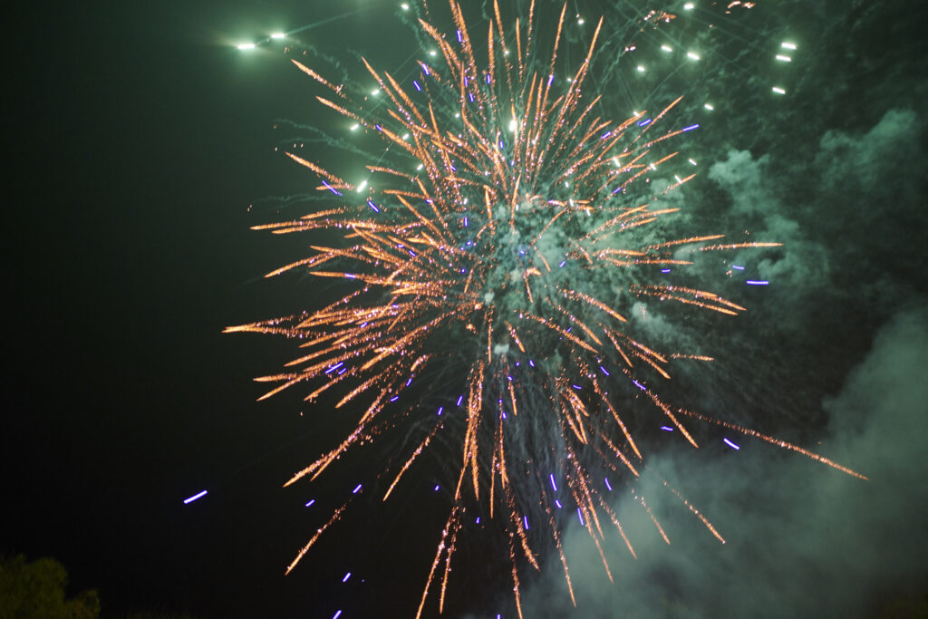 brightly coloured fireworks against a dark smoky sky